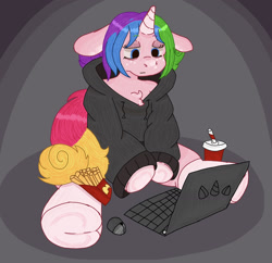 Size: 1564x1514 | Tagged: safe, artist:omnia, oc, oc:rainy shine, clothes, computer, female, hoodie, laptop computer, mare, solo