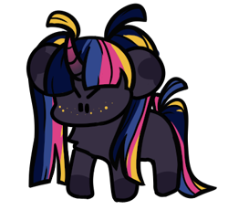 Size: 363x334 | Tagged: safe, artist:danielleth, artist:moolio, oc, oc only, oc:midnight munchies, unicorn, chibi, female, horn, mare, pigtails, simple background, solo, transparent background