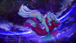 Size: 4096x2328 | Tagged: safe, artist:rena, lyra heartstrings, oc, oc:razzmatazz gleam, hybrid, pegabat, pegasus, pony, unicorn, g4, canon x oc, duo, falling, female, freefall, horn, lesbian, night, shipping, space, unshorn fetlocks