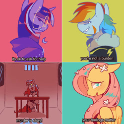 Size: 828x828 | Tagged: safe, artist:piesinful, fluttershy, pinkie pie, rainbow dash, twilight sparkle, earth pony, pegasus, pony, unicorn, comic:unlucky day, fanfic:cupcakes, g4, female, flower, flower in hair, glasses, horn, murder is okay, one of these things is not like the others, scar, unicorn twilight