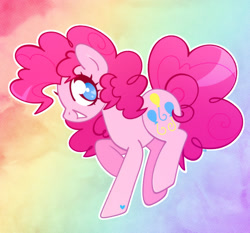 Size: 1500x1400 | Tagged: safe, artist:vivian reed, pinkie pie, earth pony, pony, g4, female, grin, heart, heart eyes, looking at you, mare, no pupils, outline, rainbow background, smiling, smiling at you, solo, standing on two hooves, white outline, wingding eyes