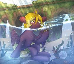 Size: 2300x2000 | Tagged: safe, artist:dereketto, oc, oc only, oc:whimsy lily, cusige, hybrid, original species, snail, bridge, crepuscular rays, female, mare, outdoors, solo, underwater, water