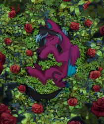 Size: 2082x2480 | Tagged: safe, alternate version, artist:glumarkoj, oc, oc only, oc:razzmatazz gleam, hybrid, pegabat, pony, female, flower, mare, outdoors, rose, sleeping, solo