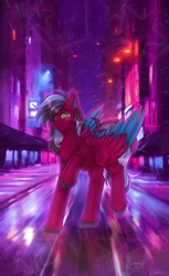 Size: 1536x2508 | Tagged: safe, artist:rena, oc, oc only, oc:razzmatazz gleam, hybrid, pegabat, pony, city, female, mare, neon, outdoors, solo