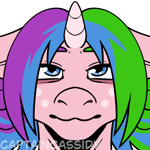 Size: 400x400 | Tagged: safe, artist:captaincassidy, oc, oc only, oc:rainy shine, unicorn, bags under eyes, blue eyes, character:gluttonace, ears back, freckles, horn, icon, looking at you, multicolored mane, narrowed eyes, pink coat, simple background, transparent background, unicorn oc