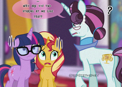 Size: 1152x821 | Tagged: safe, artist:jintannie, principal abacus cinch, sci-twi, sunset shimmer, twilight sparkle, pony, unicorn, g4, concave belly, confused, equestria girls ponified, female, glasses, height difference, horn, mare, nervous, physique difference, ponified, raised hoof, shocked, speech bubble, text, thin, trio, trio female, unicorn abacus cinch, unicorn sci-twi