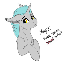 Size: 2699x2678 | Tagged: safe, artist:decemberbreeze, oc, oc:lunar signal, bat pony, bat pony unicorn, hybrid, unicorn, bat pony oc, begging, big eyes, blue mane, chest fluff, commission, crying, cute, cute little fangs, ear fluff, ears back, fangs, gray coat, horn, implied apples, implied blood, implied food, implied vampirism, looking at you, simple background, text, transparent background, unicorn oc, ych result, yellow eyes