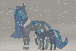 Size: 4000x2700 | Tagged: safe, artist:stray prey, oc, oc only, oc:lucent, oc:sunbeam, pony, female, larger female, male, size difference, smaller male, snow, snowfall