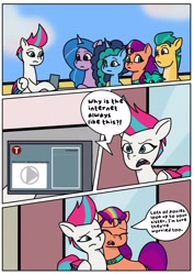 Size: 1131x1600 | Tagged: safe, artist:delilah1_riley, hitch trailblazer, izzy moonbow, misty brightdawn, sparky sparkeroni, sunny starscout, zipp storm, dragon, earth pony, pegasus, pony, unicorn, comic:pipp the poltergeist, fanfic:pipp the poltergeist, g5, my little pony: tell your tale, baby, baby dragon, cellphone, cheek squish, cheek to cheek, comic, commission, dialogue, fanfic art, female, horn, implied pipp petals, indoors, internet, male, mane stripe sunny, mare, maretime bay, nuzzling, outdoors, phone, smartphone, squishy cheeks, stallion, where'd it go