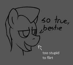 Size: 670x598 | Tagged: safe, artist:unitxxvii, oc, oc only, earth pony, pony, bust, dialogue, gray background, grayscale, lidded eyes, male, monochrome, simple background, solo, stallion, text