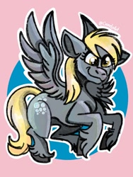 Size: 1080x1440 | Tagged: safe, artist:crandyart, derpy hooves, pegasus, pony, g4, disability pride, female, flying, mare, signature, smiling, solo, spread wings, tail, unshorn fetlocks, wings