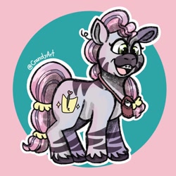 Size: 1080x1080 | Tagged: safe, artist:crandyart, skye, zebra, g5, bag, braces, disability pride, female, filly, foal, open mouth, open smile, signature, smiling, solo, tail, unshorn fetlocks