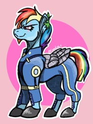 Size: 1080x1440 | Tagged: safe, artist:crandyart, rainbow dash, pegasus, pony, g4, alternate timeline, amputee, apocalypse dash, artificial wings, augmented, clothes, crystal war timeline, eye scar, facial scar, female, folded wings, mare, not a goatee, prosthetic limb, prosthetic wing, prosthetics, scar, signature, smiling, solo, tail, wings