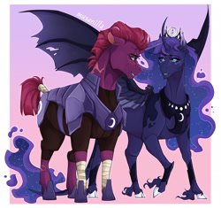 Size: 2048x1924 | Tagged: safe, artist:musenilla, princess luna, tempest shadow, alicorn, unicorn, g4, armor, chin fluff, colored hooves, colored pinnae, cuffs (clothes), curved horn, duo, duo female, ear fluff, ears back, ethereal mane, ethereal tail, eyeshadow, female, fetlock tuft, hoers, hoof shoes, hooves, horn, hybrid wings, jewelry, leg wraps, leonine tail, lesbian, looking at each other, looking at someone, makeup, mare, neck scar, nervous, nervous smile, peytral, raised hoof, realistic horse legs, scar, ship:tempestluna, shipping, smiling, spread wings, tail, tiara, wings