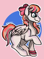 Size: 1080x1440 | Tagged: safe, artist:crandyart, angel wings, pegasus, pony, g4, bow, disability pride, female, folded wings, hair bow, mare, raised hoof, signature, smiling, tail, wings