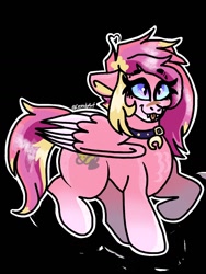 Size: 1080x1440 | Tagged: safe, artist:crandyart, oc, oc only, pegasus, pony, collar, fangs, female, folded wings, mare, pegasus oc, raised hoof, raised leg, signature, smiling, solo, tail, tongue out, wings