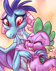 Size: 1560x2000 | Tagged: safe, artist:whitediamonds, princess ember, spike, dragon, g4, 2016, colored, cute, dragoness, duo, duo male and female, emberbetes, eyes closed, female, gradient background, hug, looking at someone, male, sketch, smiling, spikabetes, spread wings, wingless spike, wings