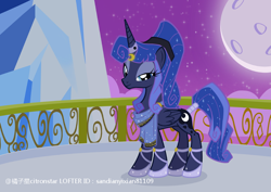 Size: 750x531 | Tagged: safe, artist:sandianyixian81109, idw, princess luna, alicorn, pony, g4, reflections, spoiler:comic, alternate design, alternate hairstyle, artemis luna, clothes, concave belly, crystal palace, equestria-3, female, folded wings, full moon, hoof shoes, horn, horn ring, lidded eyes, mare, mirror universe, moon, night, outdoors, ring, scarf, slender, solo, tail, tail wrap, thin, wings