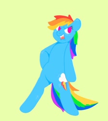 Size: 892x1000 | Tagged: safe, artist:weirdobr0ny, rainbow dash, semi-anthro, g4, no pupils, open mouth, simple background, solo, yellow background