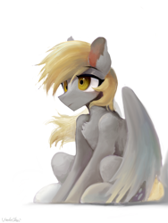 Size: 1536x2048 | Tagged: safe, artist:unclechai, derpy hooves, pegasus, pony, g4, chest fluff, digital painting, female, mare, partially open wings, signature, simple background, sitting, solo, white background, wings