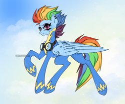 Size: 3476x2900 | Tagged: safe, artist:ottabysystem, rainbow dash, pegasus, pony, g4, alternate hairstyle, clothes, concave belly, ear piercing, goggles, large wings, outdoors, piercing, sky background, solo, thin, uniform, wings, wonderbolts uniform