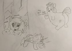 Size: 2048x1462 | Tagged: safe, artist:pony quarantine, apple bloom, derpy hooves, pinkie pie, oc, oc:dyxkrieg, alicorn, earth pony, pegasus, pony, g4, biting, bloom butt, broken window, butt, cabbage, eating, female, filly, foal, food, glass, grayscale, magical lesbian spawn, monochrome, muffin, offspring, parent:oc:dyx, parent:oc:luftkrieg, parents:oc x oc, pencil drawing, plot, traditional art, window