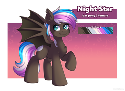 Size: 2900x2122 | Tagged: safe, artist:madelinne, oc, oc only, oc:night star, bat pony, bat pony oc, bat wings, female, long tail, mare, passepartout, reference sheet, short mane, solo, tail, wings