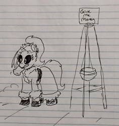 Size: 1953x2070 | Tagged: safe, artist:pony quarantine, oc, oc only, oc:dyx, alicorn, pony, bell, christmas, clothes, costume, female, filly, foal, grayscale, holiday, lined paper, monochrome, mouth hold, pen drawing, santa costume, solo, traditional art