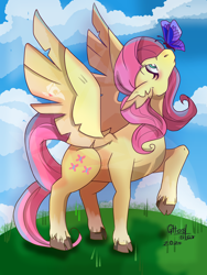 Size: 2400x3200 | Tagged: safe, artist:ghostar656, fluttershy, butterfly, pegasus, pony, g4, butterfly on nose, female, high res, insect on nose, looking up, mare, outdoors, raised hoof, solo, spread wings, unshorn fetlocks, wings