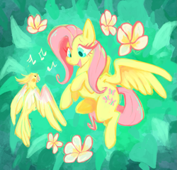 Size: 927x893 | Tagged: safe, artist:funkys0da, fluttershy, bird, cockatiel, pegasus, pony, g4, female, flower, flying, looking at each other, looking at someone, mare, music notes, open mouth, outdoors, smiling, solo