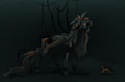 Size: 1460x965 | Tagged: safe, artist:bindigoat, alicorn, pony, robot, robot pony, unicorn, chell, duo, glados, glowing, glowing eyes, horn, looking at each other, looking at someone, ponified, portal (valve), profile, size difference, wires