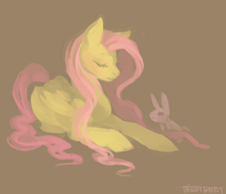 Size: 1394x1200 | Tagged: safe, artist:bindigoat, angel bunny, fluttershy, pegasus, pony, rabbit, g4, animal, eyes closed, female, lineless, lying down, mare, prone, simple background