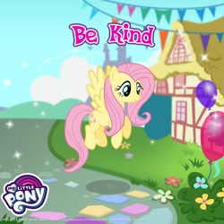 Size: 1080x1080 | Tagged: safe, gameloft, fluttershy, pegasus, pony, g4, balloon, kindness, outdoors, sparkles