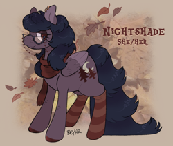 Size: 1162x986 | Tagged: safe, artist:beyhr, oc, oc only, oc:nightshade, pegasus, pony, autumn, bags under eyes, beauty mark, clothes, colored hooves, colored pinnae, colored wings, colored wingtips, ear piercing, earring, eyelashes, eyeshadow, folded wings, freckles, glasses, glasses chain, gradient mane, gradient tail, hooves, jewelry, leaves, leg freckles, lidded eyes, long mane, long tail, looking back, makeup, oc redesign, piercing, profile, purple coat, purple eyeshadow, purple wingtips, red eyes, red hooves, red text, reference sheet, scarf, shaggy mane, shaggy tail, shiny hooves, signature, smiling, socks, solo, striped socks, tail, two toned wings, wing fluff, wings