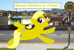 Size: 2594x1749 | Tagged: safe, artist:memeartboi, oc, earth pony, pony, g4, banana barbara, bus stop, cute, earth pony oc, excited, excitement, female, female oc, hopping, jumping, mare, mare oc, outdoors, ponified, solo, text, the amazing world of gumball