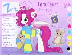 Size: 2048x1555 | Tagged: safe, artist:lerk, oc, oc:lerk, bat pony, pony, ahoge, clothes, colored sclera, ear piercing, eye clipping through hair, heart ahoge, mug, piercing, plushie, reference sheet, sweater, teddy bear, yellow sclera