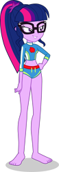 Size: 1346x3918 | Tagged: safe, alternate version, artist:dustinwatsongkx, sci-twi, twilight sparkle, human, equestria girls, g4, applejack's beach shorts swimsuit, barefoot, clothes, clothes swap, feet, simple background, solo, swimsuit, swimsuit swap, transparent background, vector