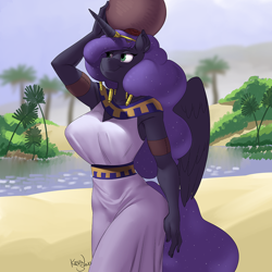 Size: 900x900 | Tagged: safe, artist:kevinsano, princess luna, alicorn, anthro, unguligrade anthro, g4, big breasts, breasts, busty princess luna, clothes, digital art, dress, egyptian, explicit source, female, gravity-defying breasts, jewelry, mare, outdoors, river, solo, vase, water