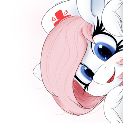 Size: 4000x4000 | Tagged: safe, artist:ser-p, nurse redheart, earth pony, pony, g4, absurd resolution, blush lines, blushing, cute, female, hat, heartabetes, looking at you, mare, nurse hat, open mouth, peeking, simple background, smiling, smiling at you, solo, stray strand, unshorn fetlocks, white background