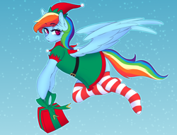 Size: 3000x2296 | Tagged: safe, artist:evlass, rainbow dash, pegasus, pony, g4, christmas, clothes, elf costume, elf hat, female, hat, holiday, mare, present, socks, solo, striped socks