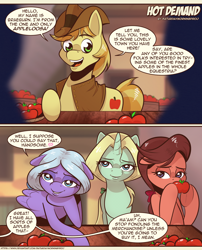 Size: 1600x1982 | Tagged: safe, artist:saturdaymorningproj, braeburn, dear darling, fond feather, swoon song, earth pony, pegasus, unicorn, g4, apple, bimbettes, comic, dialogue, digital art, floppy ears, food, half-lidded eyes, horn, oblivious, our town