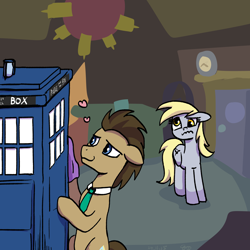 Size: 3000x3000 | Tagged: safe, artist:brella, derpy hooves, doctor whooves, time turner, earth pony, pegasus, pony, g4, cargo ship, clothes, doctor who, duo, duo male and female, female, frown, heart, indoors, male, mare, necktie, polishing, shipping, shirtless shirt collar, stallion, tardis