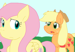 Size: 1191x822 | Tagged: safe, artist:cmara, applejack, fluttershy, earth pony, pegasus, pony, g4, duo, female, outdoors