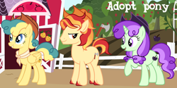 Size: 1280x642 | Tagged: safe, artist:vi45, oc, oc only, earth pony, pegasus, pony, unicorn, apple, apple tree, female, fence, hat, horn, male, mare, outdoors, stallion, tree, trio