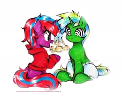 Size: 2048x1536 | Tagged: safe, artist:liaaqila, oc, oc only, oc:charming dazz, oc:emerald, pony, unicorn, blurry, clothes, diaper, diaper fetish, duo, duo male and female, female, female oc, fetish, horn, hypnosis, looking at each other, looking at someone, magic, male, male oc, mare, mare oc, mental regression, non-baby in diaper, open mouth, pocket watch, shirt, simple background, sitting, stallion, stallion oc, story included, swirly eyes, telekinesis, traditional art, unicorn oc, white background