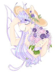 Size: 1280x1659 | Tagged: safe, artist:furtoodie, oc, oc:dione, pony, antennae, deviantart watermark, female, flower, glimmer wings, hat, mare, obtrusive watermark, simple background, smiling, solo, transparent background, watermark, wings