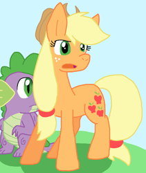 Size: 794x942 | Tagged: safe, artist:cmara, applejack, spike, dragon, earth pony, pony, g4, duo, female, male, outdoors