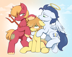 Size: 1779x1423 | Tagged: safe, artist:moozua, big macintosh, braeburn, soarin', alicorn, earth pony, pegasus, pony, my little pony the movie: soarin & braeburn, g4, alicornified, alternate accessories, angel and devil, applecest, bipedal, blushing, colored hooves, colored pupils, cousin incest, cousins, eye clipping through hair, feathered wings, gay, gradient background, green pupils, headband, holding, hoof on head, hooves, horn, incest, looking at each other, looking at someone, male, outdoors, partially open wings, profile, race swap, raised hoof, raised leg, ship:braemac, ship:soarburn, shipping, signature, sitting, sky background, smiling at someone, soarin' (alicorn), sparkles, stallion, trio, trio male, unshorn fetlocks, wavy mouth, wings, yellow hooves