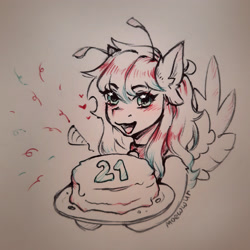 Size: 2700x2700 | Tagged: safe, artist:moewwur, artist:rin-mandarin, oc, oc only, oc:chise, pegasus, pony, antennae, birthday, cake, food, green eyes, solo, tendrils, traditional art, wings