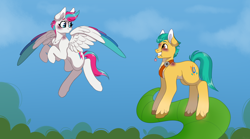 Size: 1786x991 | Tagged: safe, artist:mikara03, hitch trailblazer, zipp storm, earth pony, pegasus, pony, g5, blushing, duo, duo male and female, female, flower, flying, male, mare, outdoors, ship:stormblazer, shipping, smiling, stallion, straight, vine